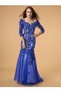 lace dress prom royal mermaid shoulder backless tulle sleeves sexy