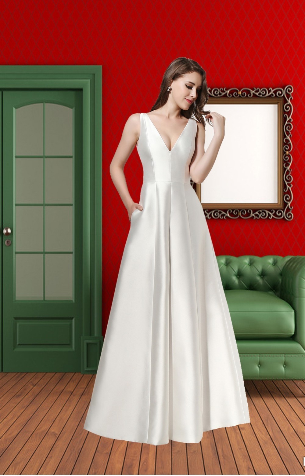 Simple Elegant A Line V Neck Plain White Satin Wedding Dress