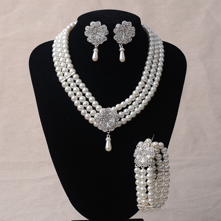 Elegant Pearl Diamond Wedding Bridal Jewelry Set Including Necklace And