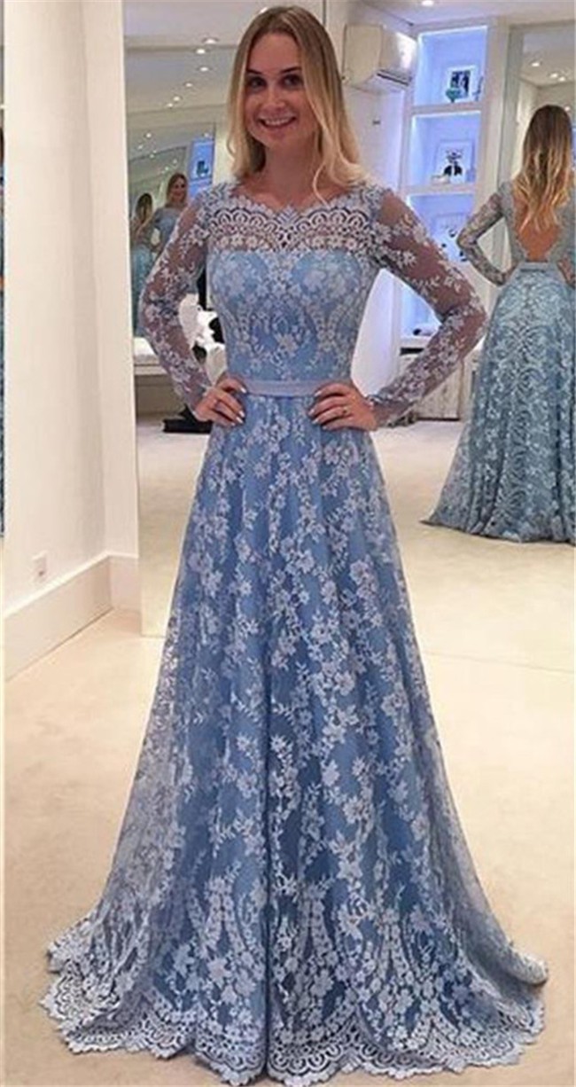 A Line Backless Long Sleeve Dusty Blue Lace Prom Dress