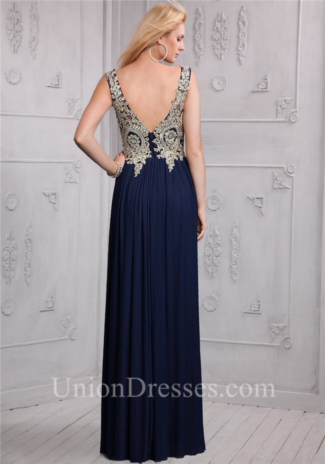 A Line Bateau Long Navy Blue Chiffon Gold Lace Applique