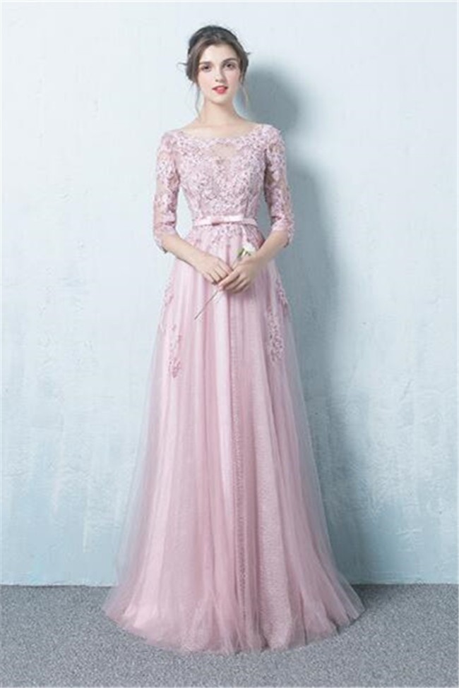pink evening gown with sleeves