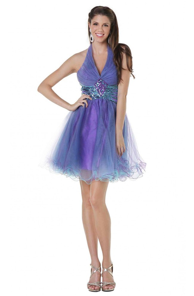 A Line Halter Short Purple Tulle Beaded Prom Dress