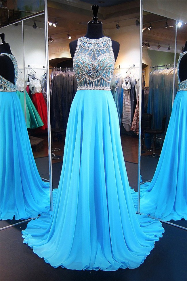 A Line High Neck Long Turquoise Chiffon Tulle Beaded Prom Dress