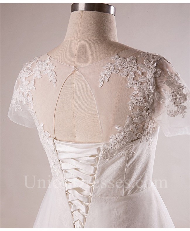 A Line Illusion Neckline Short Sleeve Plus Size Lace Wedding Dress No Train