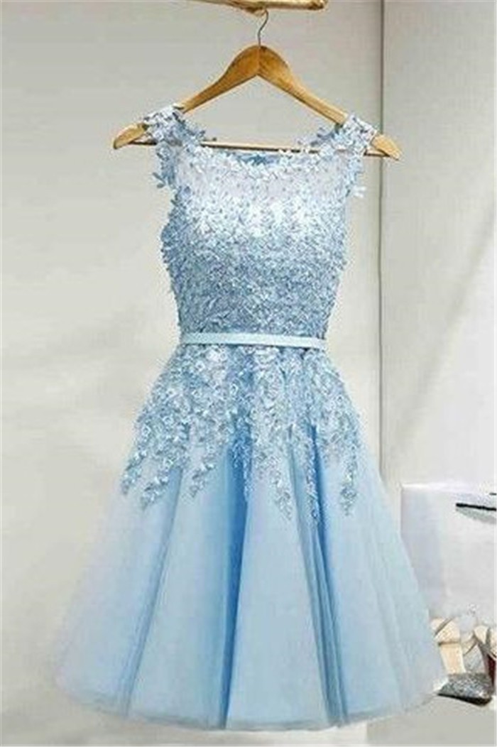 A Line Light Blue Tulle Lace Beaded Short Prom Dress With Sash