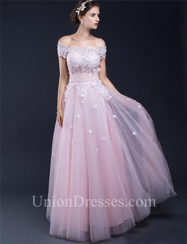 A Line Off The Shoulder Long Light Pink Tulle Lace Prom Dress With Flowers