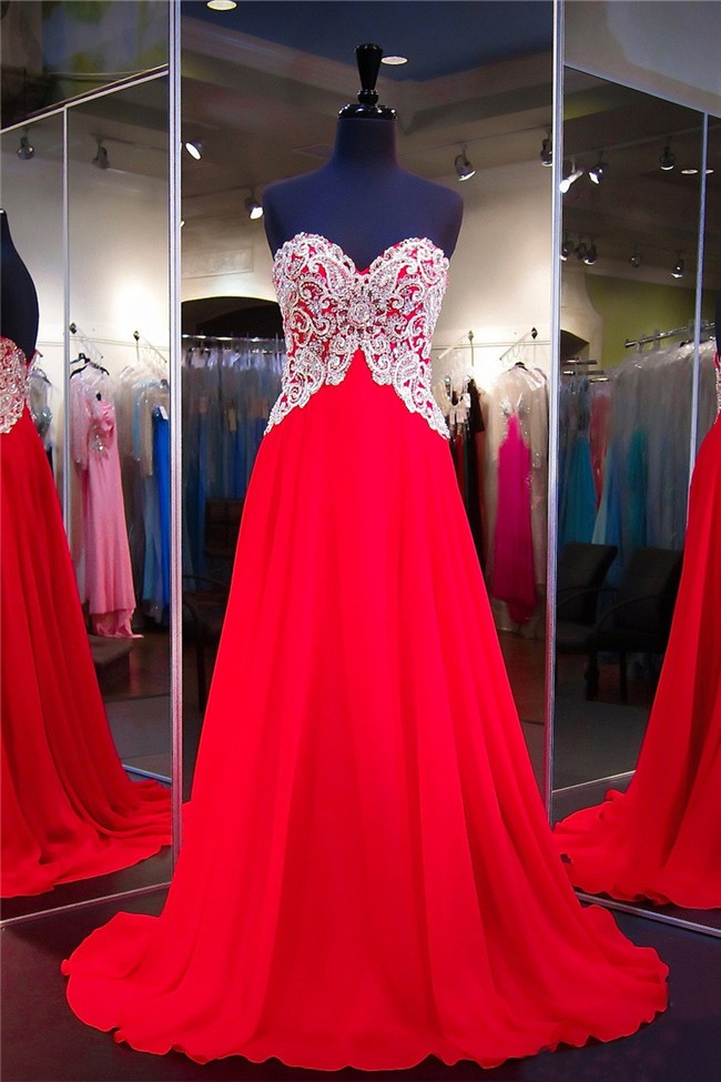 A Line Strapless Sweetheart Long Red Chiffon Rhinestone Prom Dress 