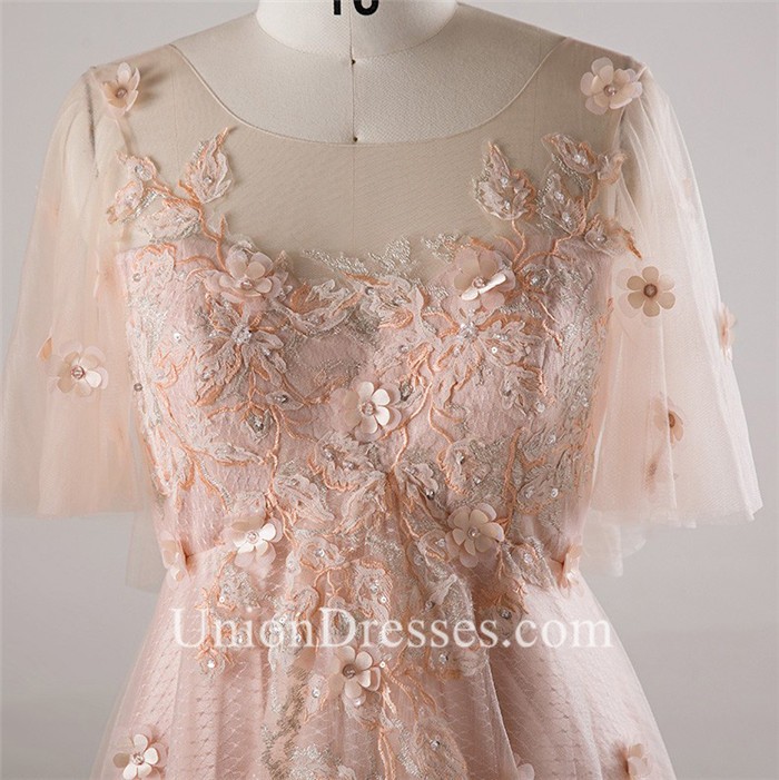 A Line Tulle Sleeve Blush Pink Lace Flower Bohemian Plus Size Wedding Dress