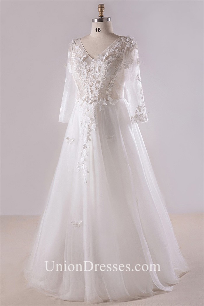 A Line V Neck Long Sleeve Corset Back Tulle Lace Plus Size Wedding