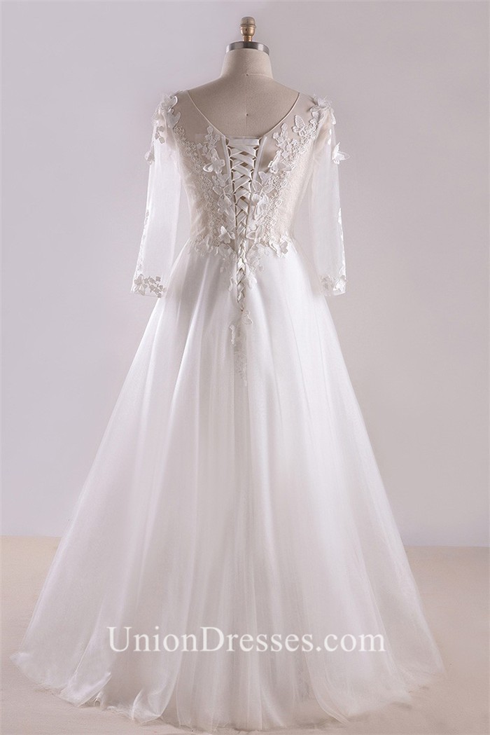 A Line V Neck Long Sleeve Corset Back Tulle Lace Plus Size Wedding