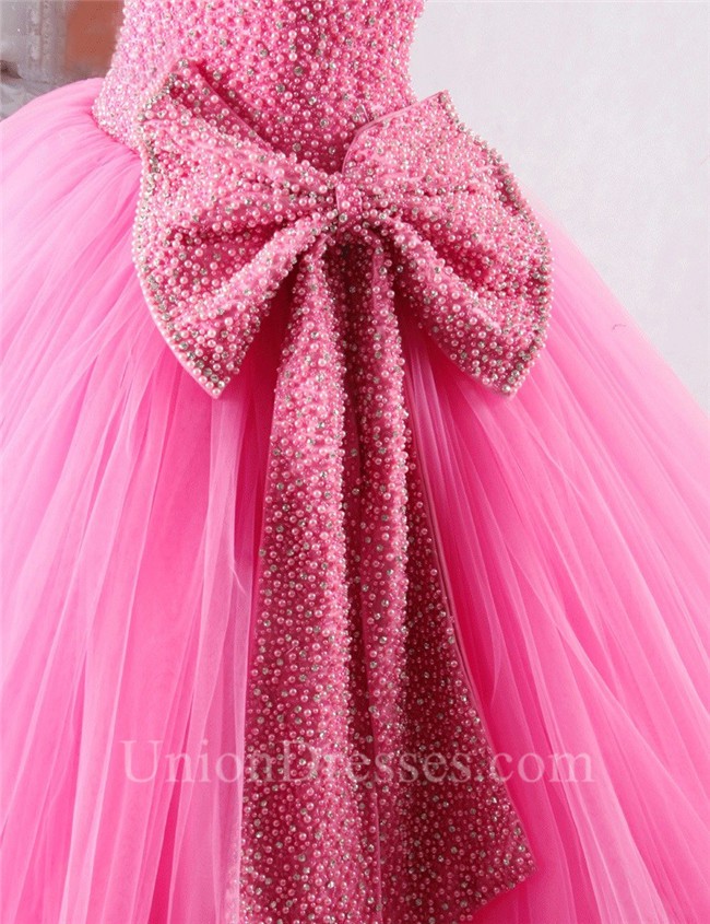 Ball Gown Cap Sleeve Hot Pink Tulle Beaded Puffy Prom Dress Detachable Bow