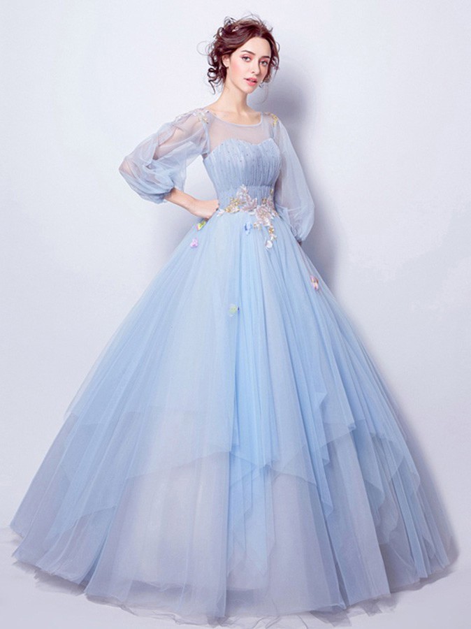 Ball Gown Scoop Neck Long Sleeve Light Blue Tulle Wedding Prom Dress