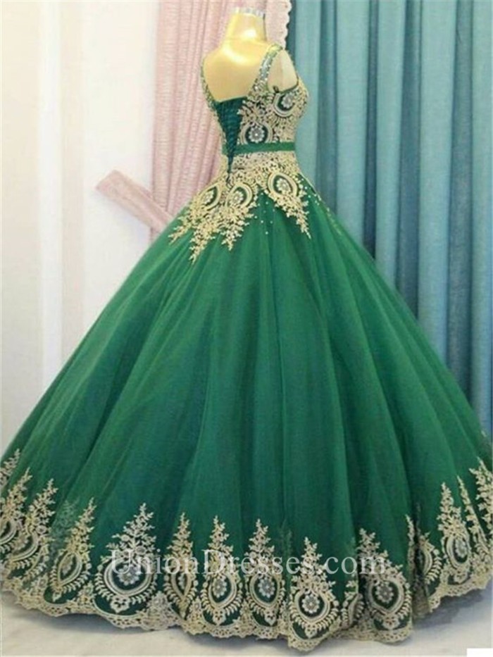 Ball Gown V Neck Emerald Green Tulle Gold Lace Prom Dress