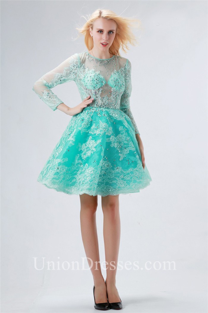 Ball Scoop Neck Short Mint Green Lace Cocktail Prom Dress With Sleeves
