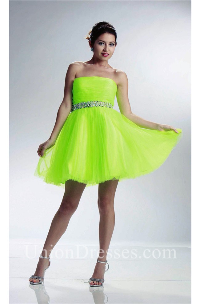 Ball Strapless Short Lime Green Tulle Beaded Prom Dress With Sash