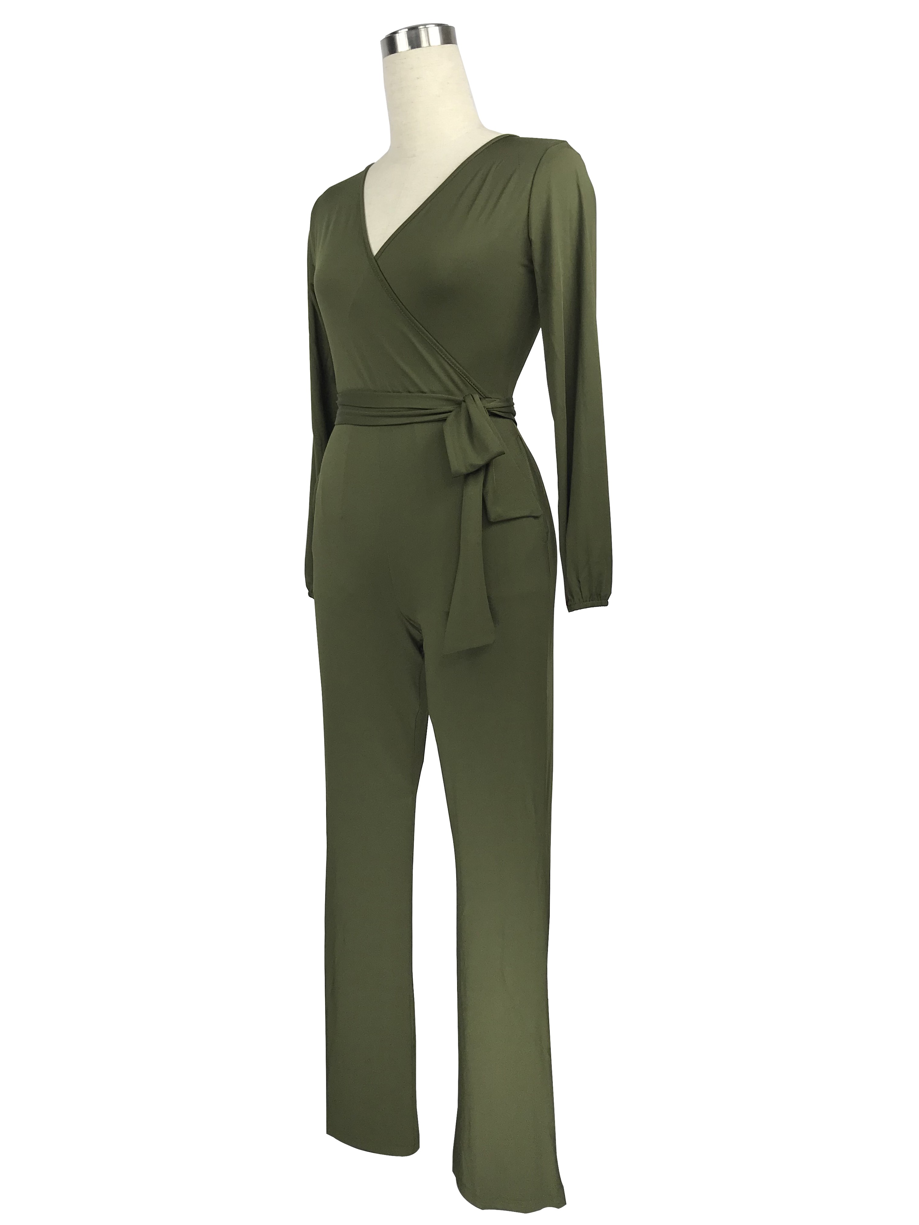 Casual V Neck Long Sleeve Olive Green Stretch Women Jumpsuit With Sash