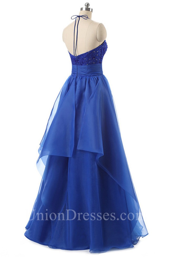 Charming A Line Halter Long Royal Blue Organza Beaded Prom Dress