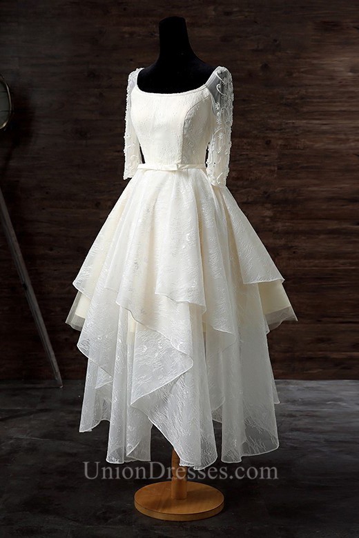 Civil Scoop Neck 3 4 Sleeve Tea Length Ivory Lace Ruffle Wedding Dress