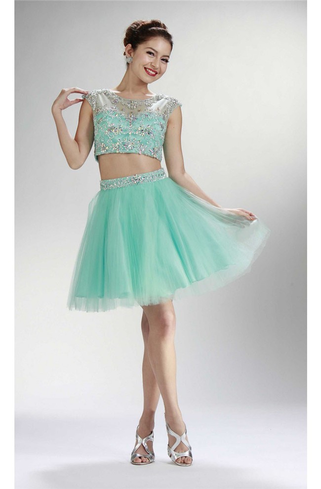 Cute Cap Sleeve Two Piece Short Mint Green Tulle Beaded Prom Dress