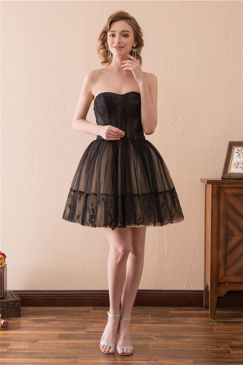 Cute Strapless Mini Black Tulle Lace Prom Dress