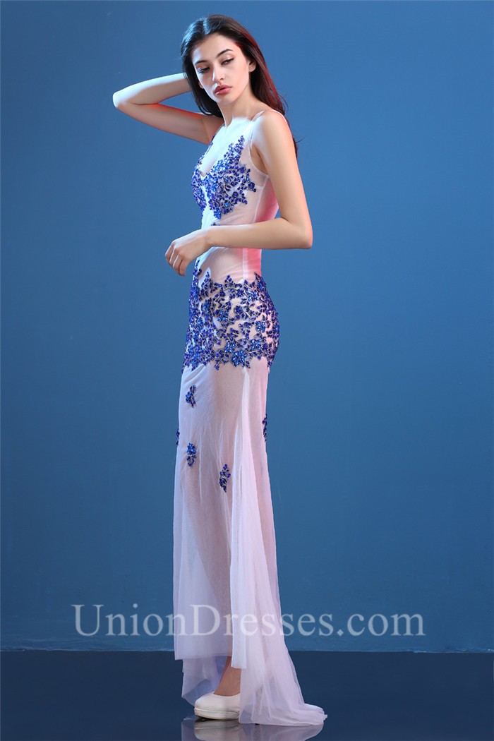 deep v neck white tulle royal blue lace beaded sheer special