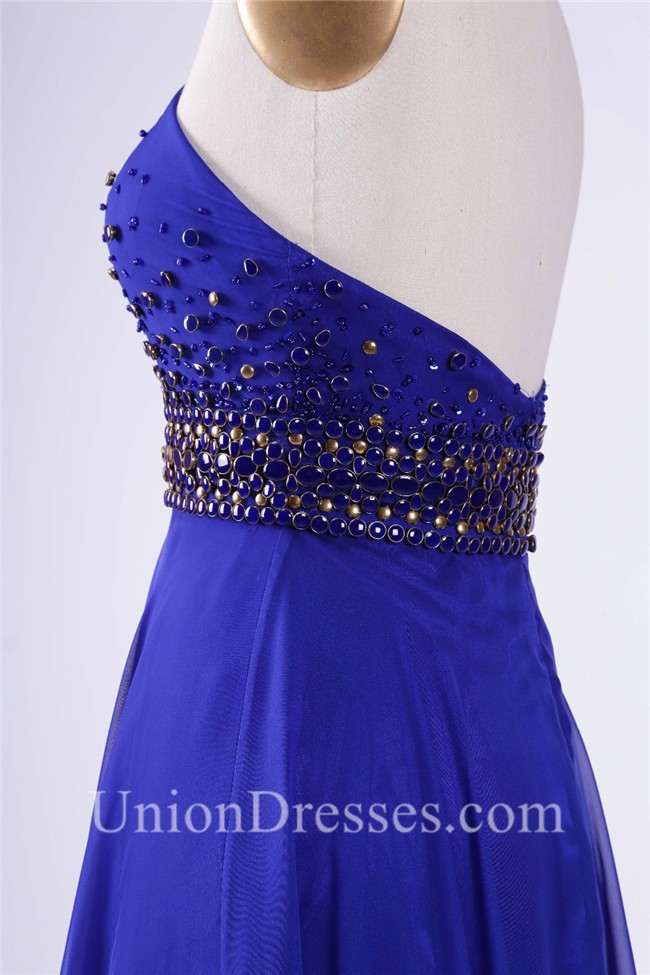 Elegant Halter Long Royal Blue Chiffon Beaded Prom Dress