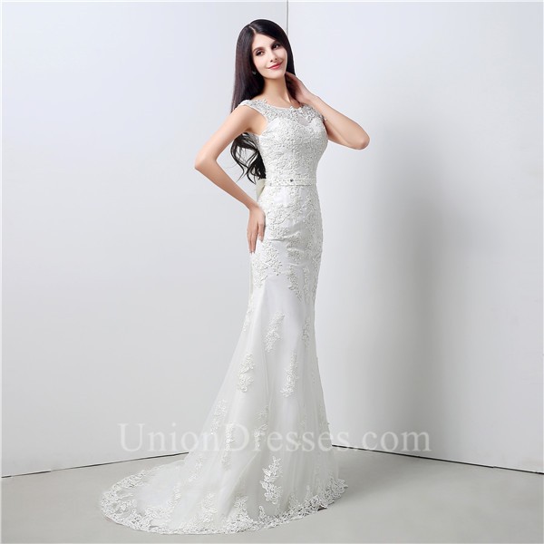 Elegant Mermaid Scoop Neck V Back Cap Sleeve Lace Wedding Dress With Lightbox Moreview