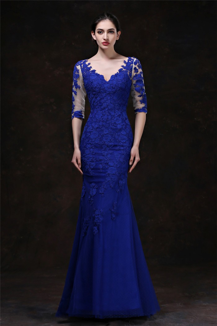 Elegant Mermaid V Neck Royal Blue Tulle Lace Special Occsaion Evening