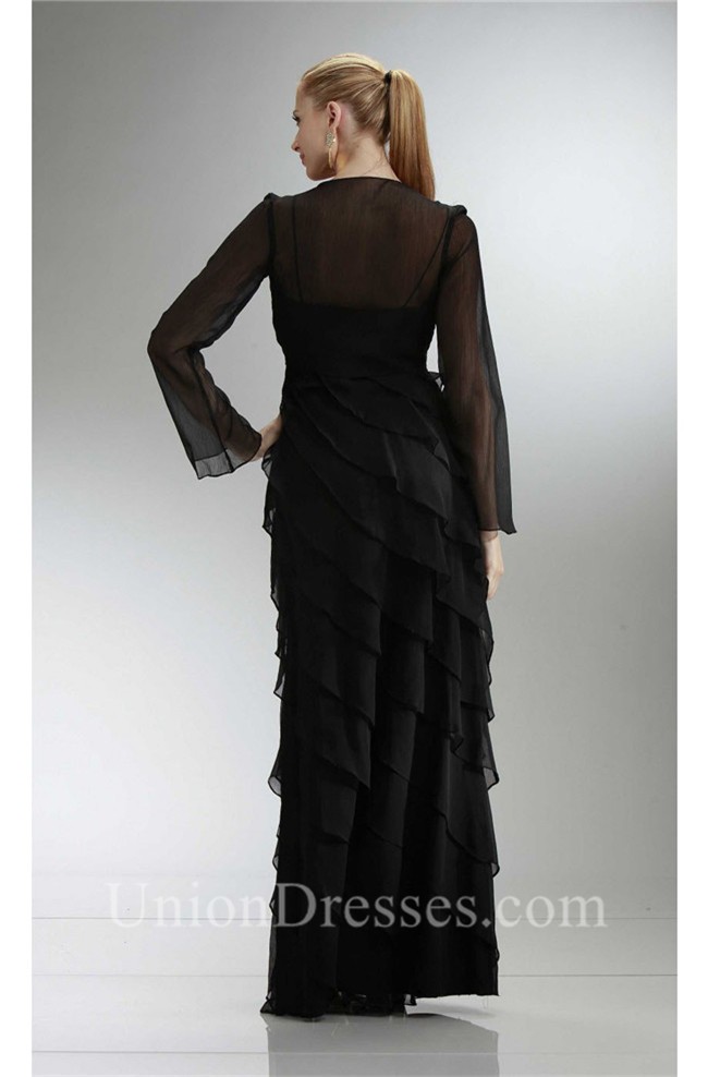 Fantastic Sheath Long Black Chiffon Ruffle Tiered Evening Dress With Jacket
