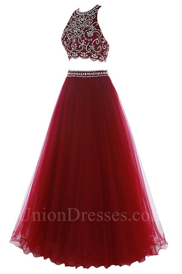 Fashion A Line Halter Long Burgundy Tulle Beaded Two Piece ...