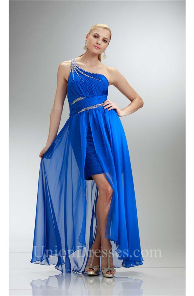 Fashion One Shoulder High Low Hot Royal Blue Chiffon Beaded Prom Dress