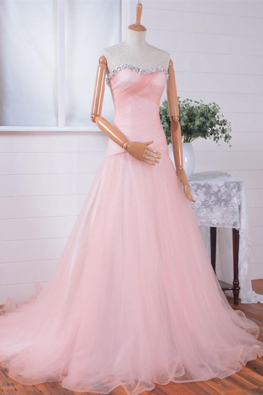 Fitted Line Strapless Light Pink Tulle Lace Beaded Prom Dress