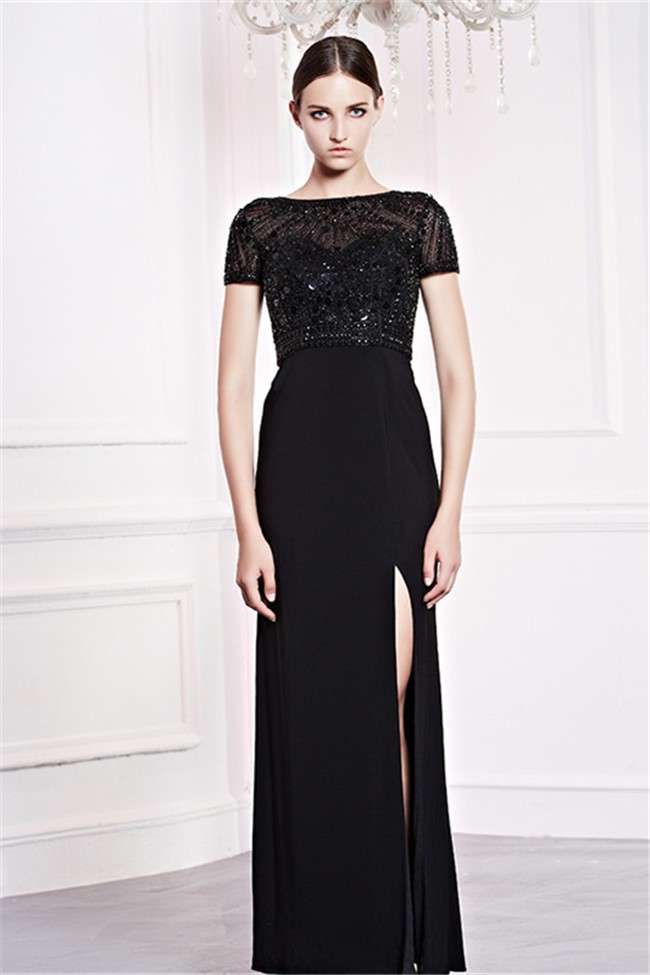 Formal Sheath High Slit Long Black Chiffon Tulle Beaded Evening Prom