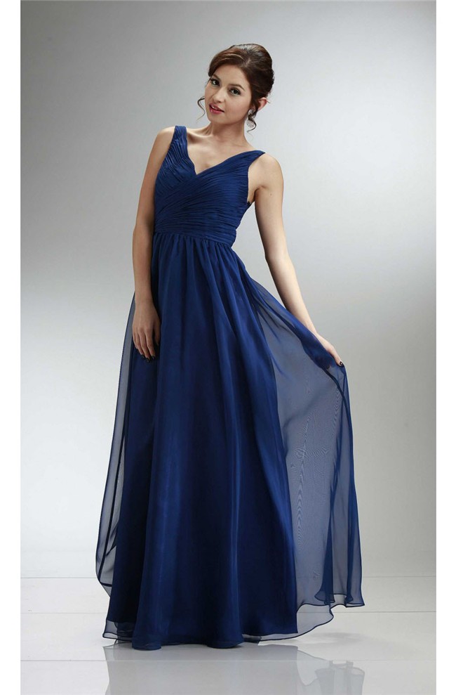 Glamour V Neck Long Royal Blue Chiffon Ruched Bridesmaid Prom Dress