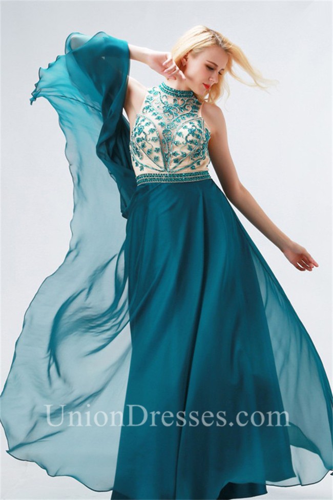 high neck open back gown