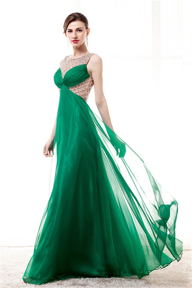 Sleeveless Empire Waist Long Emerald Green Chiffon Beaded Prom Dress