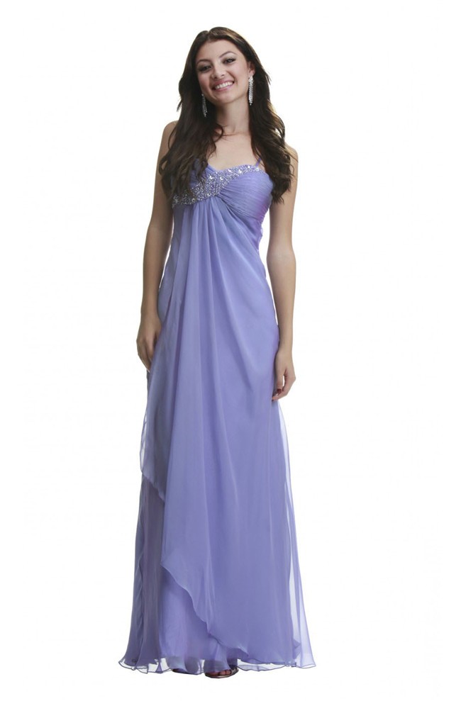 Graceful Empire Waist Long Lavender Chiffon Beaded Prom Dress Spaghetti Straps