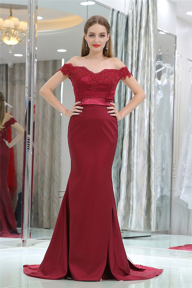 Mermaid Off The Shoulder Burgundy Satin Lace Evening Prom