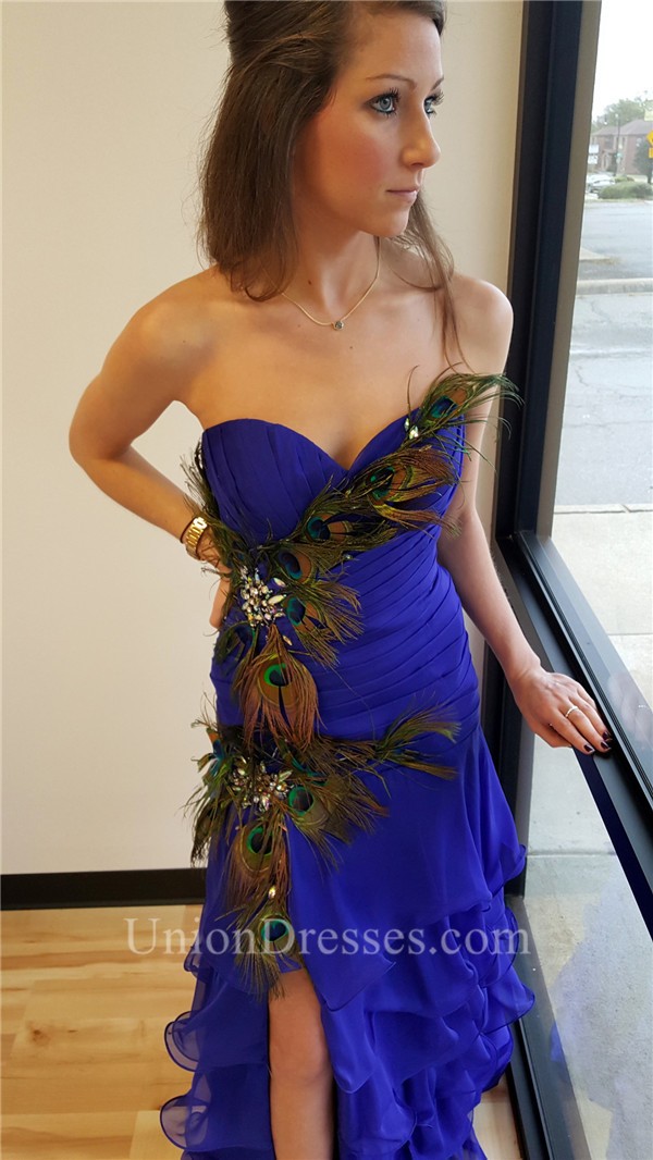 blue feather gown