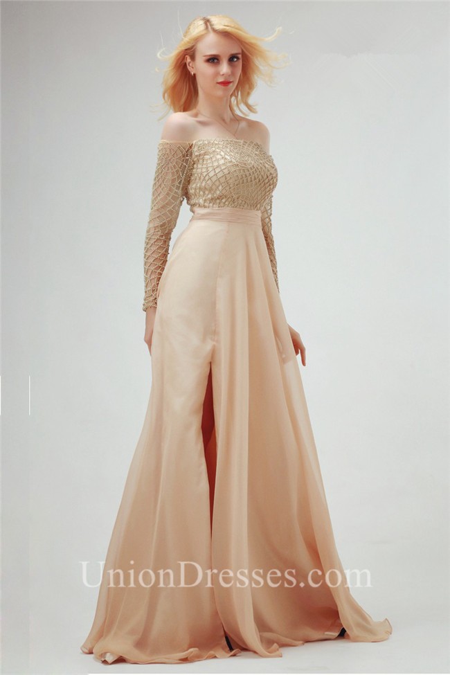 off the shoulder champagne gown
