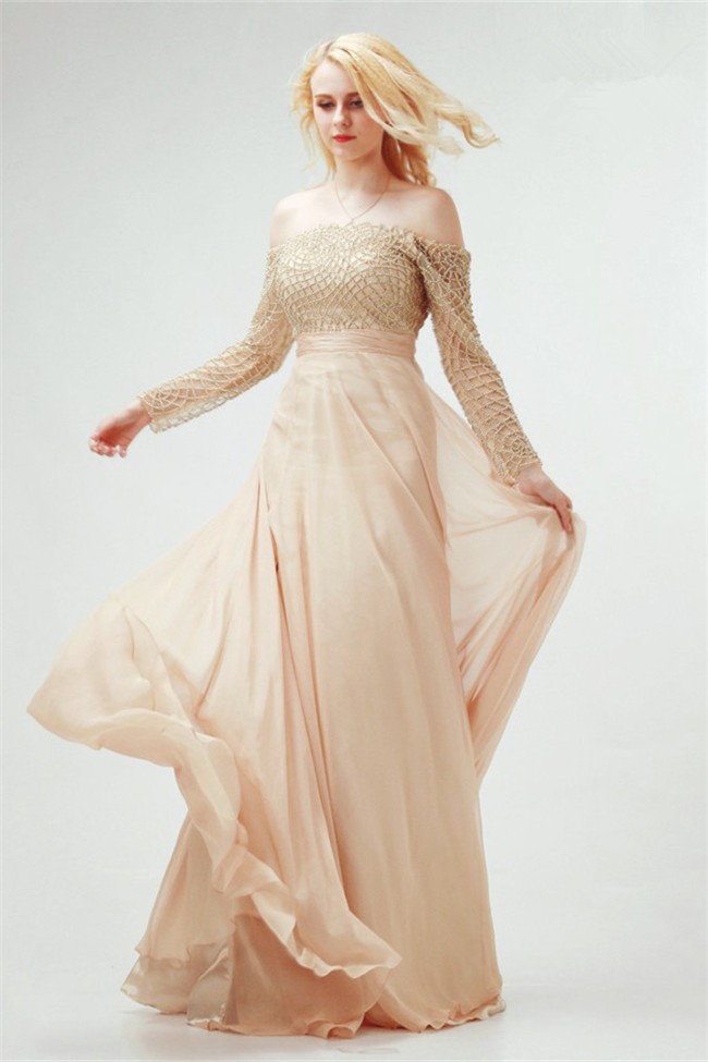 off shoulder long sleeve gown