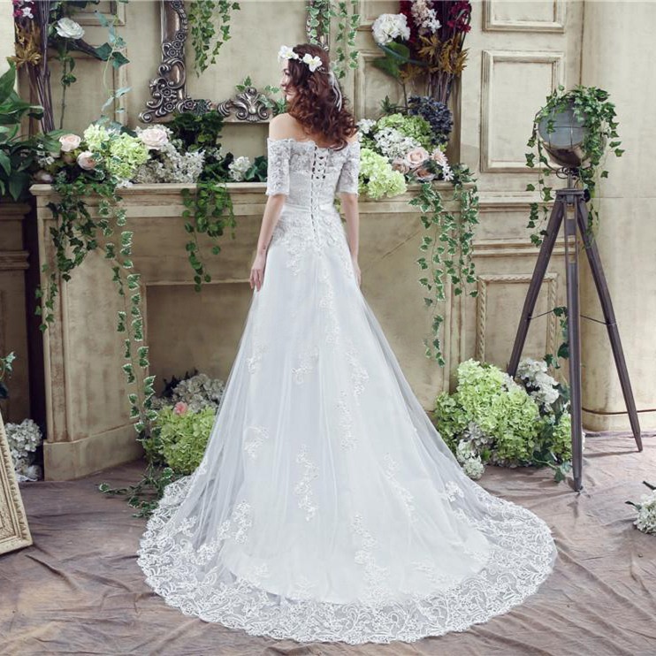 Princess A Line Off The Shoulder Short Lace Sleeve Corset Wedding Dress