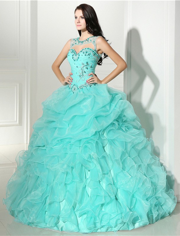 Puffy Ball Gown Mint Green Organza Ruffle Quinceanera Prom Dress With