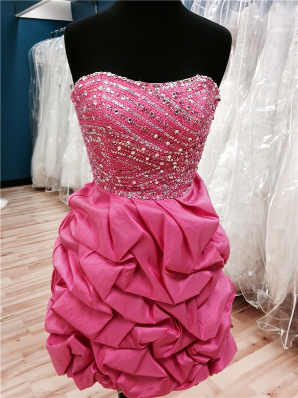 Puffy Strapless Short Hot Pink Taffeta Bubble Beaded Prom Dress