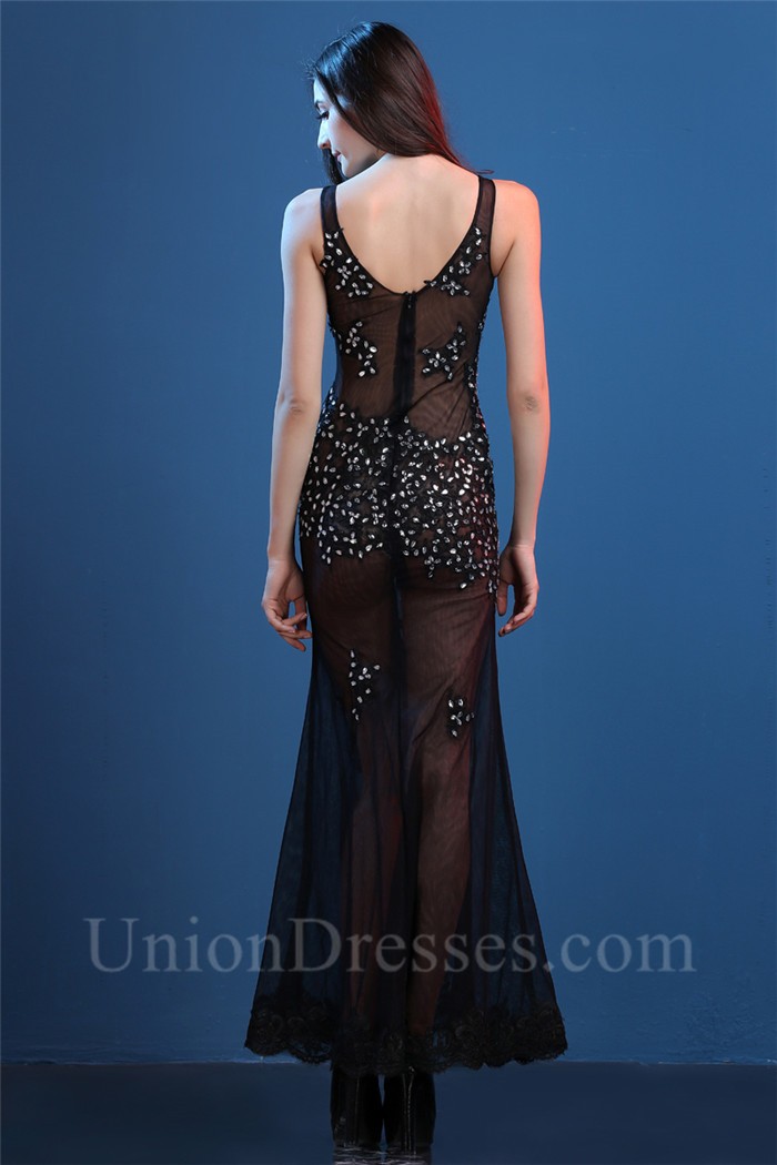 Sexy Fitted V Neck Sheer See Through Black Tulle Lace Beaded Special Occsaion Prom Dress