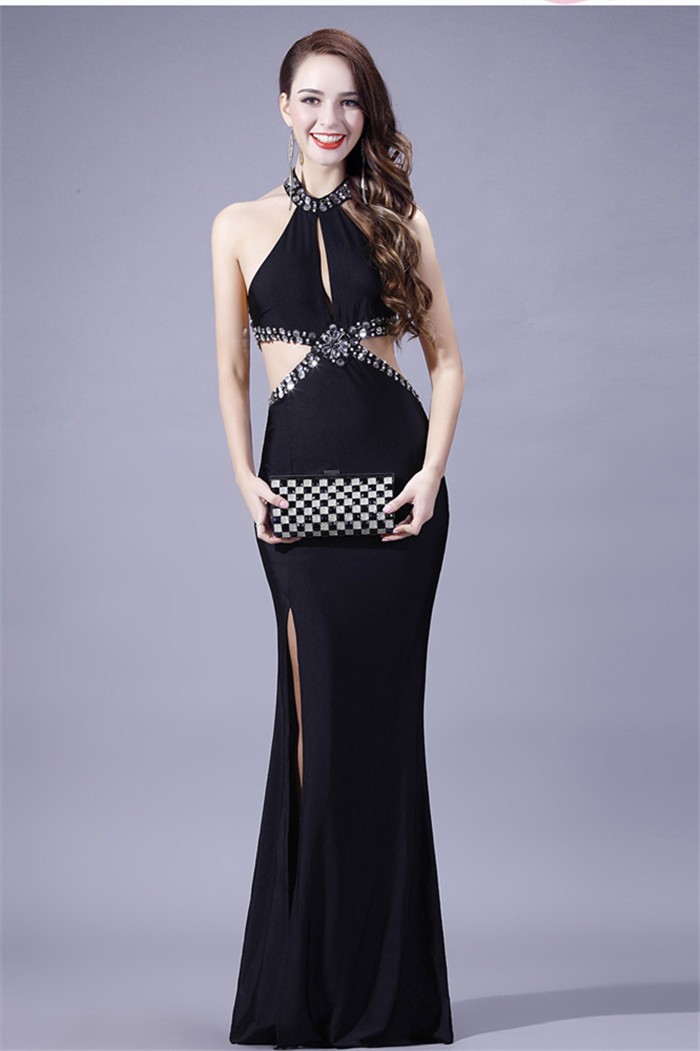 Sexy Halter Side Cut Out Backless Long Black Chiffon Beaded Evening Prom Dress With Slit