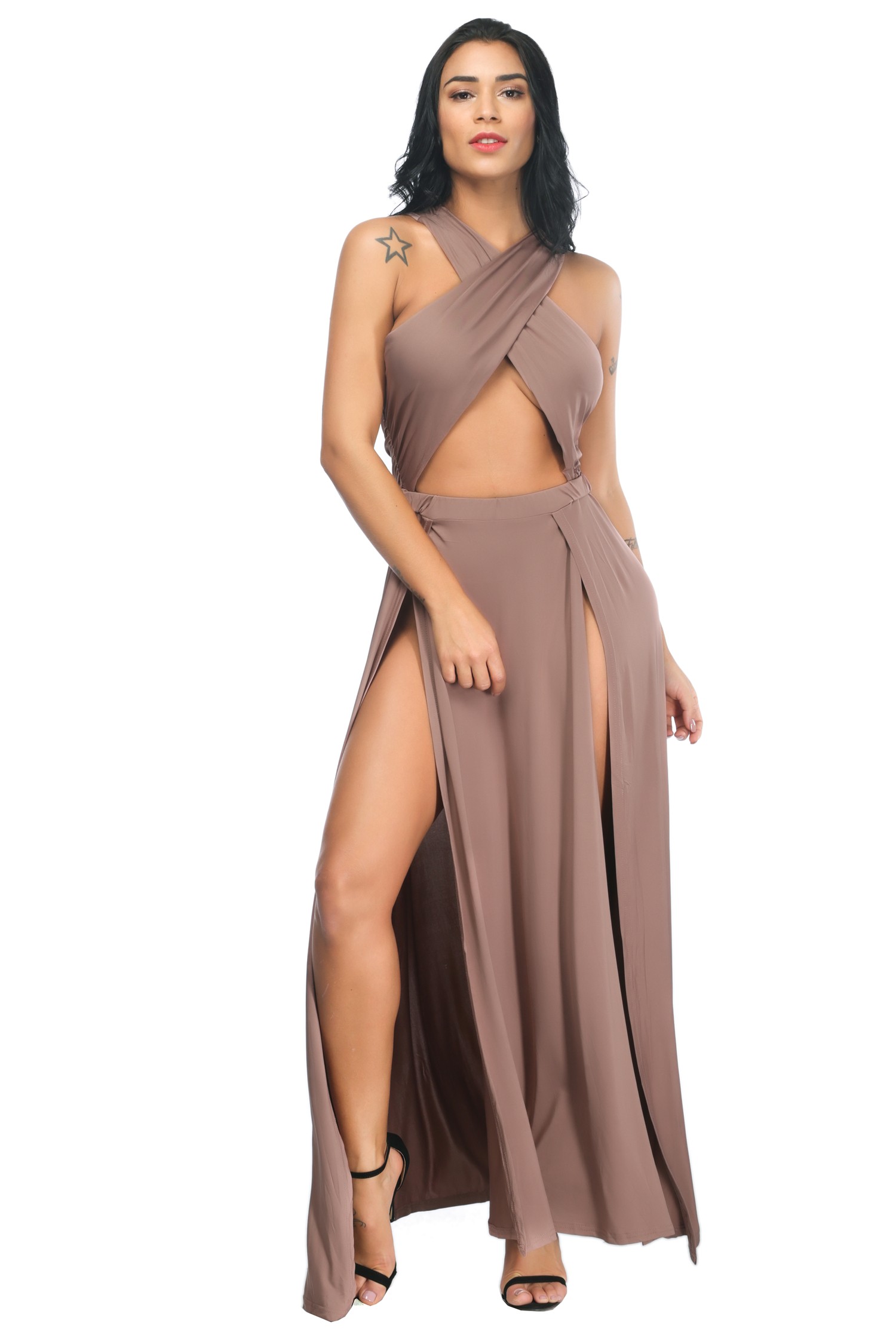 Sexy Open Front High Slit Black Stretch Silk Evening Prom Dress