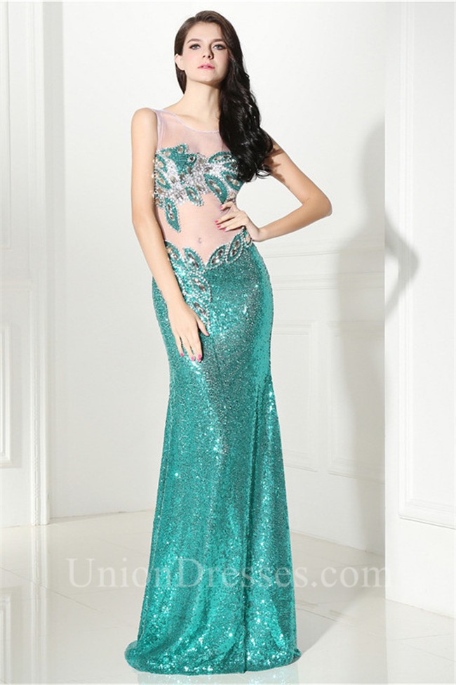 Sexy Sheer Tulle Green Sequin See Through Special Occasion Prom Dress