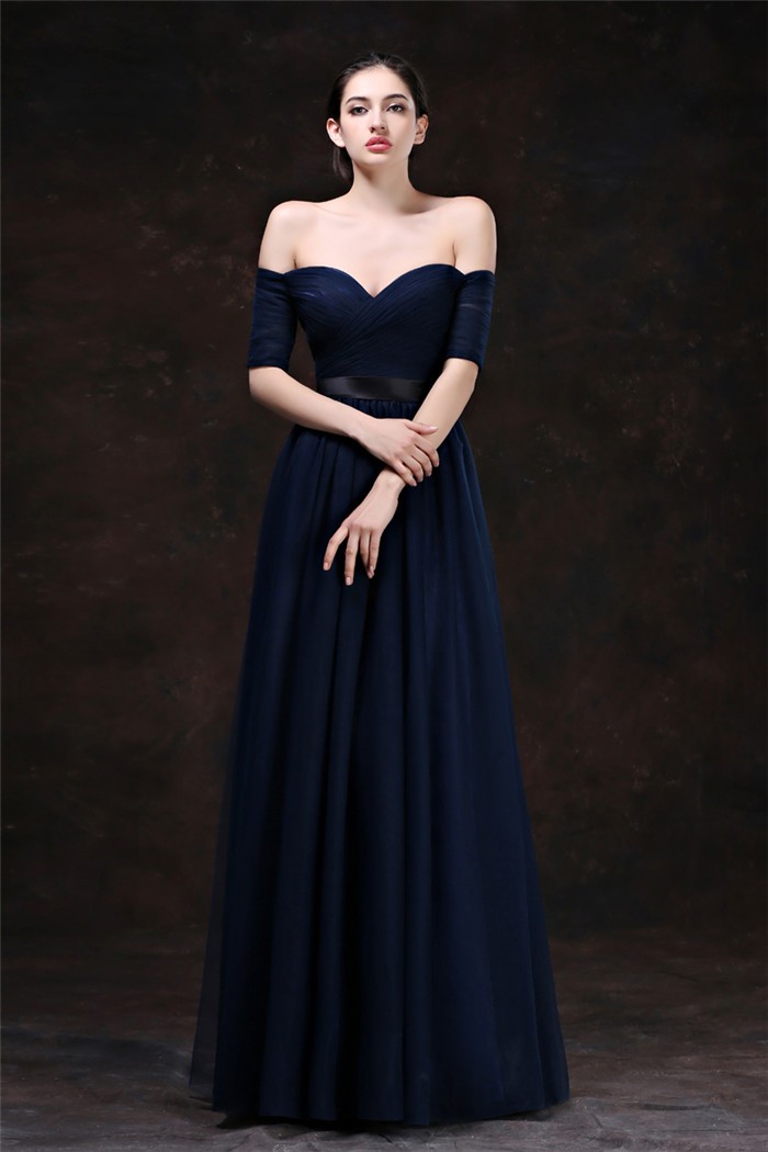 Sexy Sweetheart Off The Shoulder Long Navy Blue Tulle Evening Prom